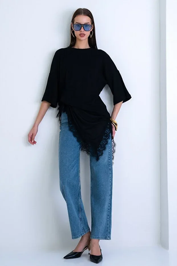 Black Oversize Lace Kombine T-Shirt ALC-X15239