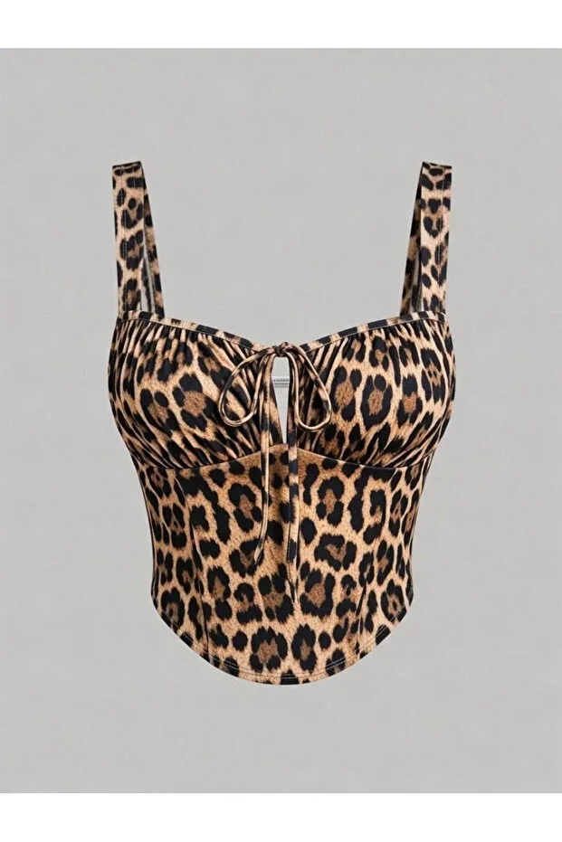 Leopard Print Strappy Crop, Lace-up Corset Style Crop Top, Plunging Neckline Leopard Print Blouse