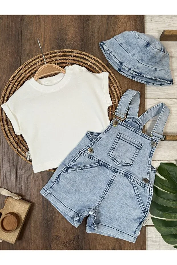 Denim Overalls Hooded Waffle T-shirt Kangaroo Pocket Unisex Summer Baby Set
