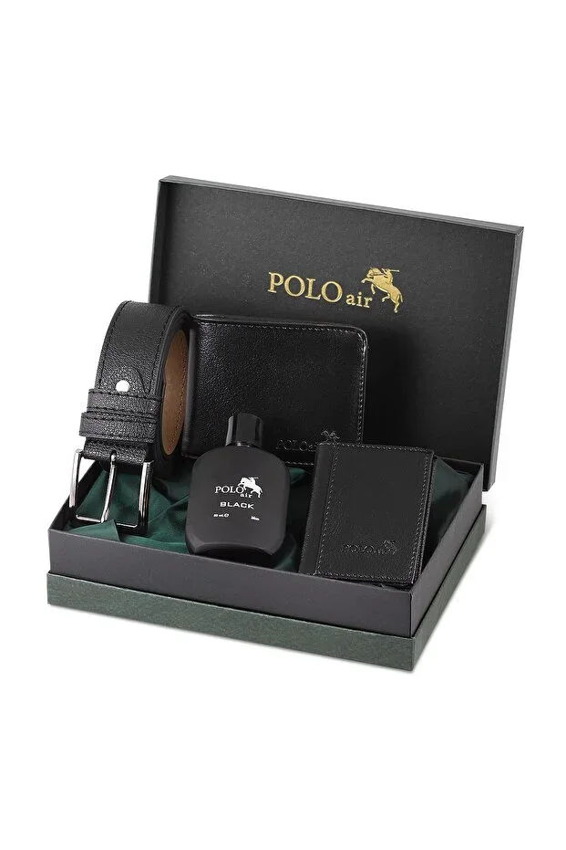 Boxed Classic Men's Wallet Belt Cardholder Perfume Set Black