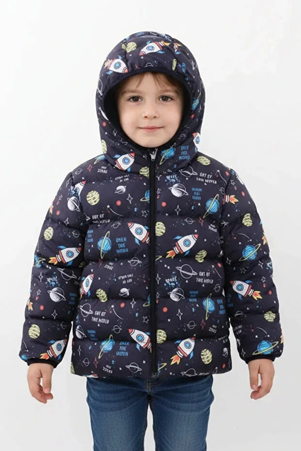 Men's Boy Polar Lined Hooded Rocket Print Digital Print Winter Padded Jacket & Coat RB-113