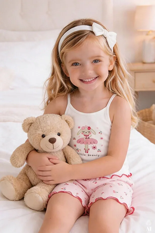 Girls' Cotton Printed Strap Pajama Set