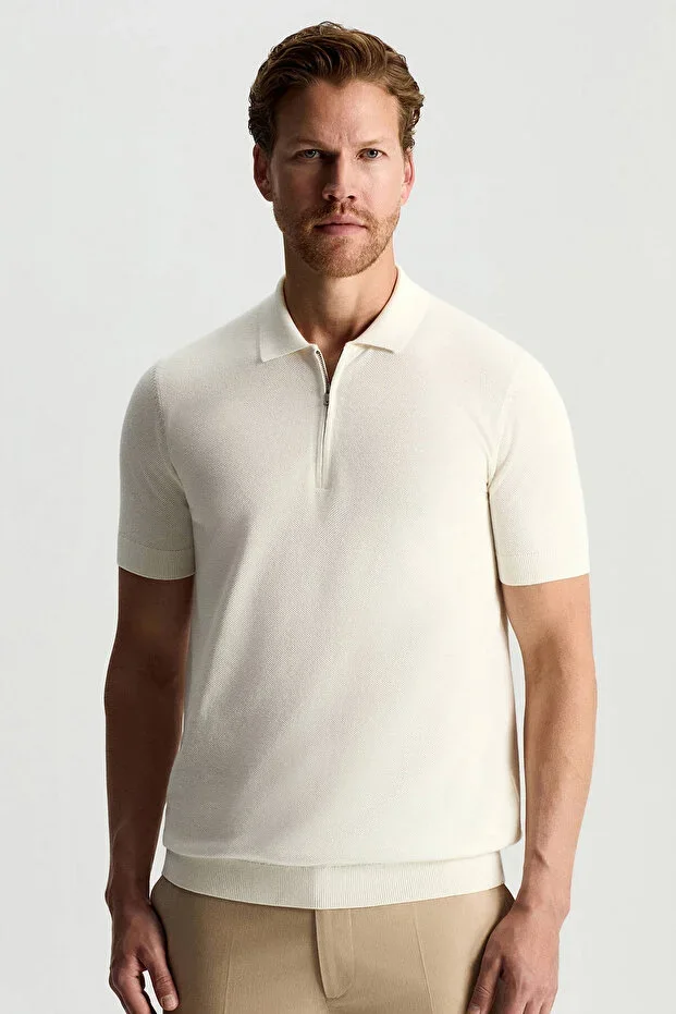 Pure Cotton Zipper Collar White Knit Polo