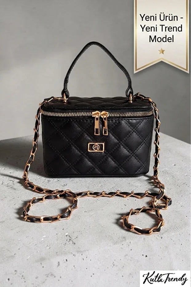 Women's Black Mini Box Bag, Quilted Pattern Chain Strap Crossbody and Handbag