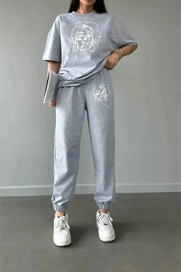 Aesthetic Women's Drawing Printed Sweatpants And T-shirt Top Bottom Tracksuit Set