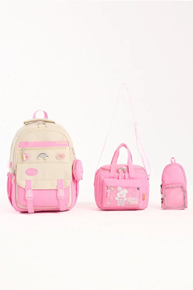 3-Piece Korean Style Girls' School Bag Set with Accessories & Lunchbox and Pencil Case for Primary School Backpack