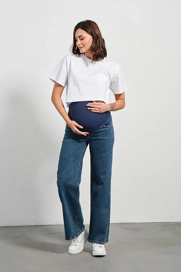 Maternity Flexible Belly Band Adjustable Waist Wide Leg Jeans BLUE