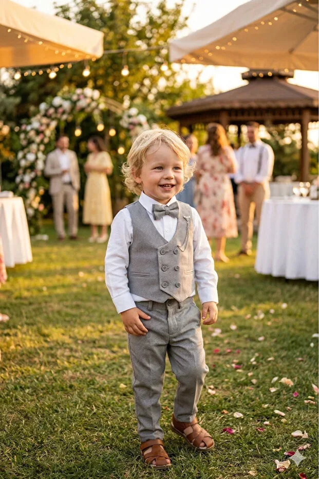 Momivi Kids Boys' 4-Piece Special Occasion Outfit with Bowtie and Chain Detail