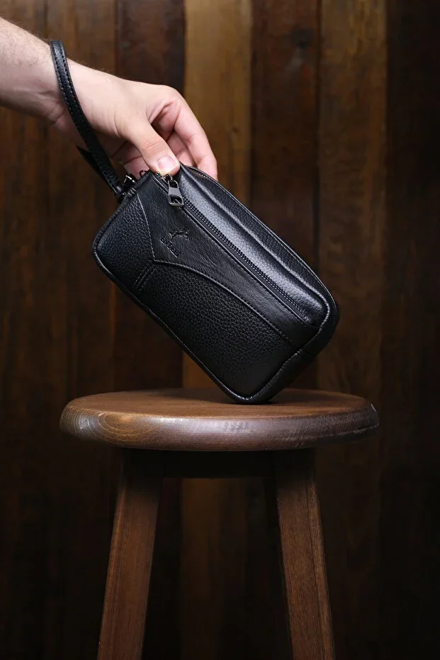 Men's Black Card Holder Hand and Bracelet Belt Luxury Portfolio Handbag