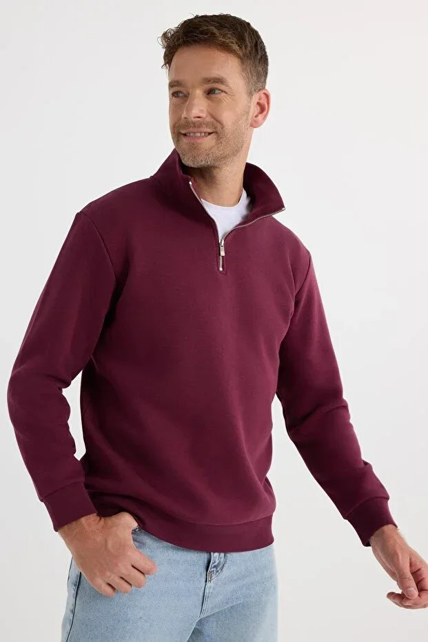 Unisex Relax Fit Cotton Polar Lined Half Zip Burgundy Stand-Up Collar Sweatshirt