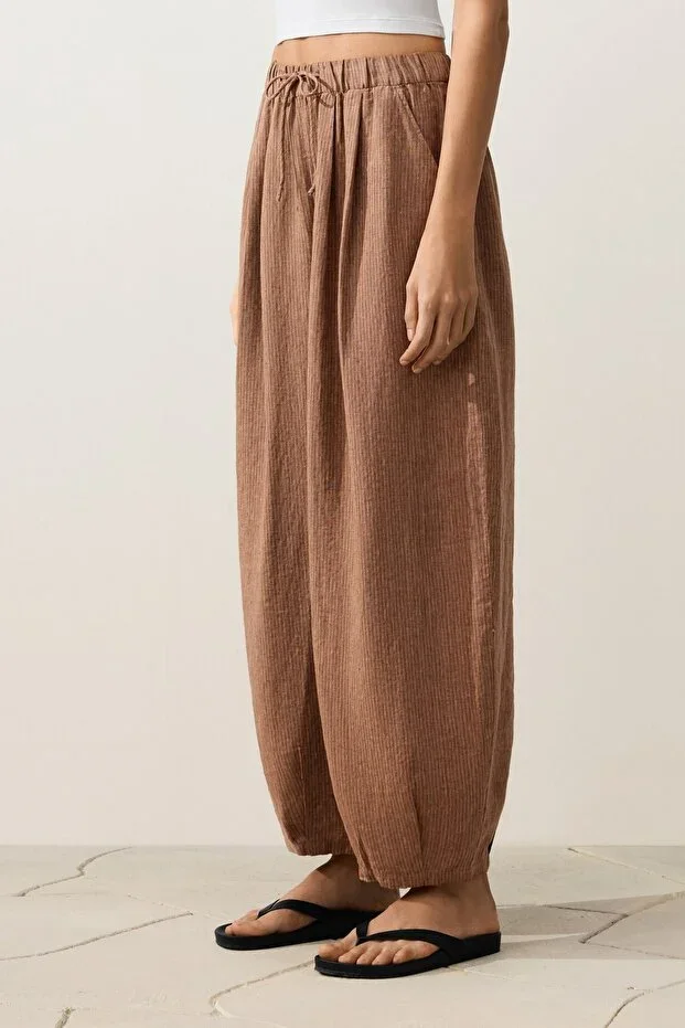 Oysho 100% Linen Striped Balloon Trousers