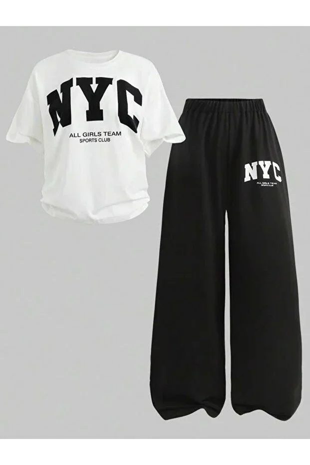 Girls' Summer Fabric NYC Print White T-shirt - Wide Leg Black Sweatpants Set