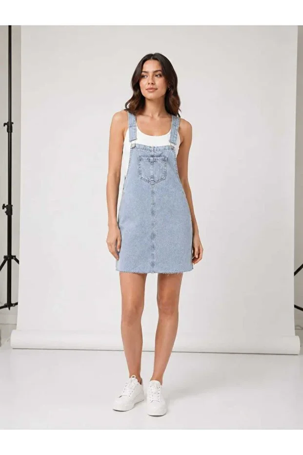 Women's Light Blue Denim Dungaree Dress Strappy Pocketed Jean Pinafore Dress