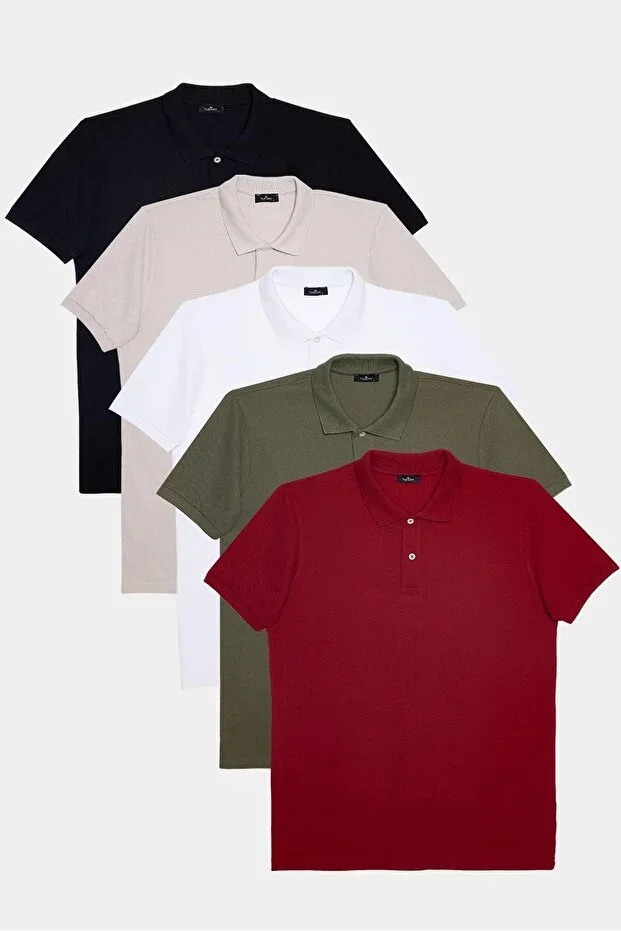 Men's 5-Pack Black-Grey-White-Khaki-Burgundy Slim Fit Narrow Cut Cotton Plain Pique Polo Neck T-Shirt