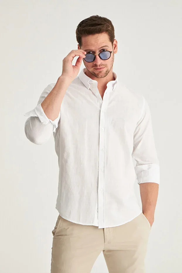 D'S Damat Slim Fit White Button-Collar 100% Cotton Summer Flamed Linen-Look Shirt