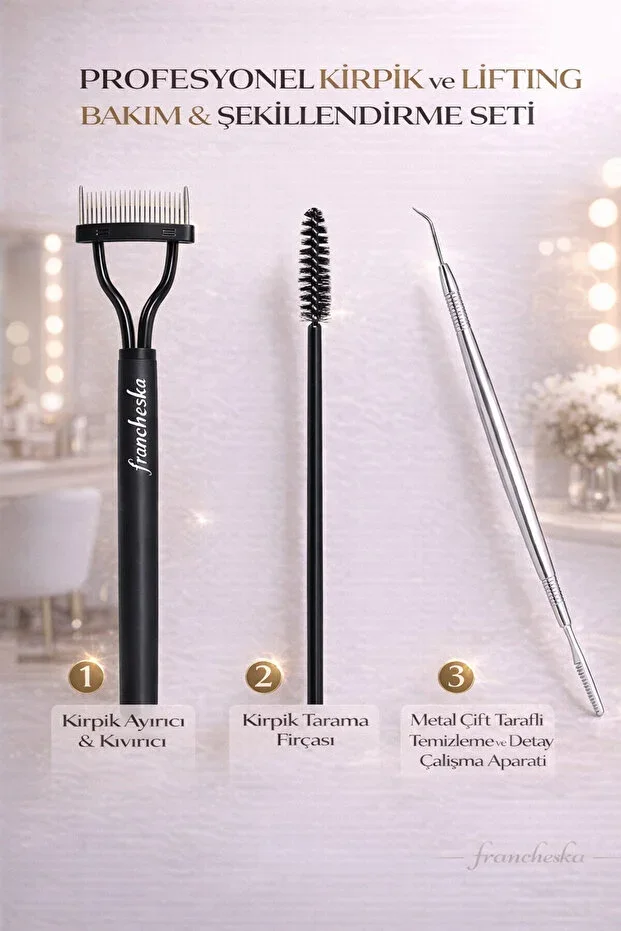 3'lü Professional Eyelash Lifting Care Set / Separator Curler Comb Brush Metal Cleaning Tool