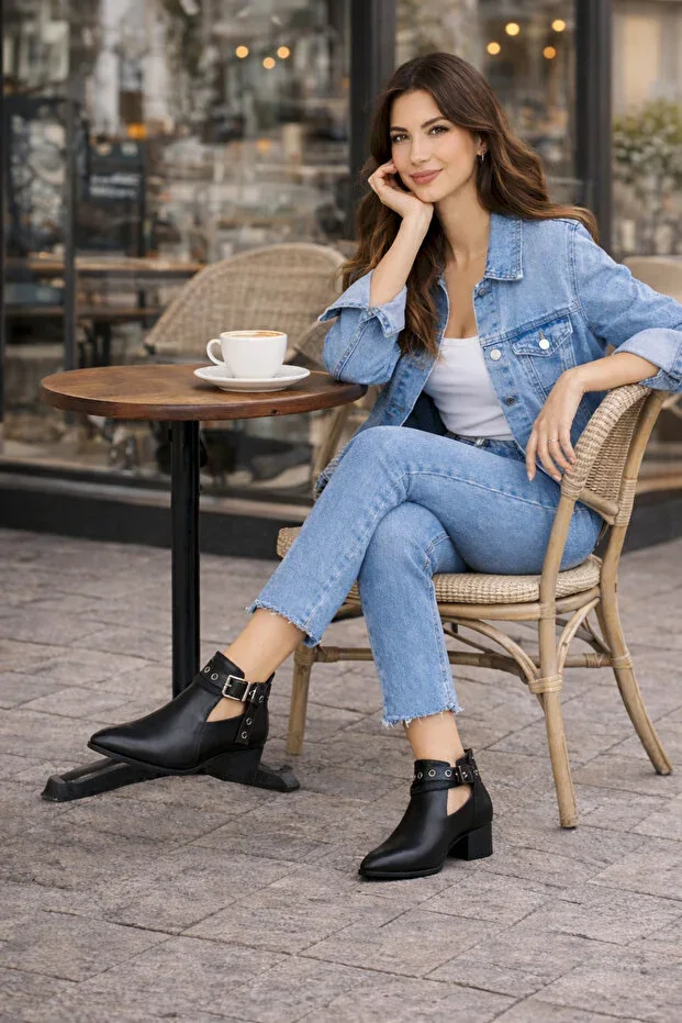 Vera Women's Black Leather Shoes Buckled Ankle Strap Back Zipper Casual Comfortable Short Boot Heels