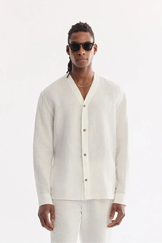 Men's White V-Neck 100% Linen Breathable Comfort Fit Shirt A61Y2105