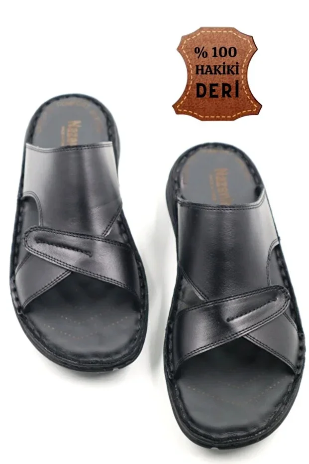 Men's Genuine Leather Black Slippers with Massage Sole