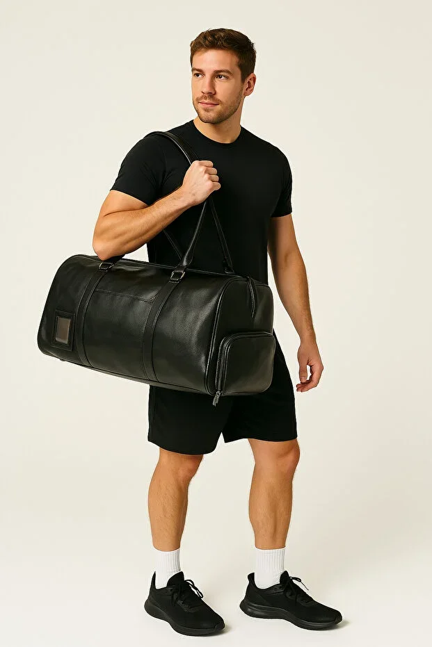 Sports Bag Men Leather Travel Shoe Compartment Black