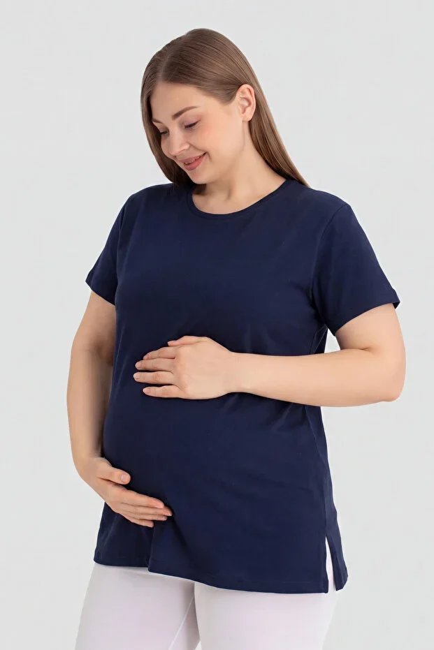 Cotton Lycra Navy Blue Short Sleeve Maternity T-Shirt Comfortable and Breathable Maternity Wear