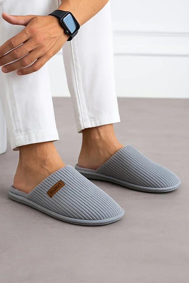 Men's Silent and Non-slip Sole, Warm, Seasonal, Plush Inside, Ribbed Velvet Bowl Slippers