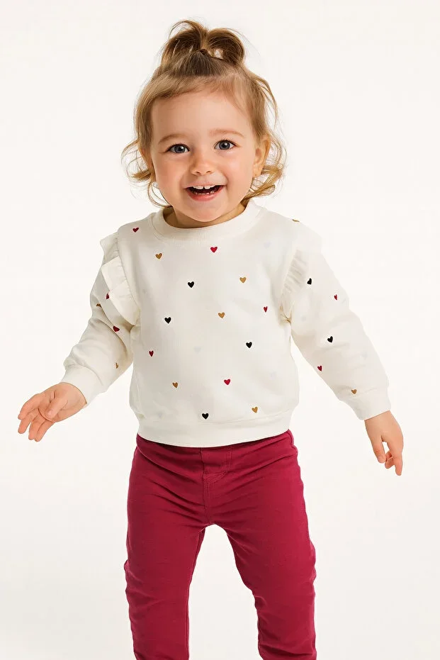 Baby Girl %100 Cotton Ecru Sweatshirt with Ruffles - Baby Girl Clothing