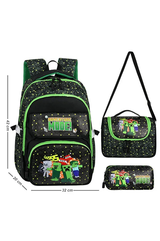 Niss Store Leather Printed Quality Minecrafter Boys School Bag Thermal Lunch Bag and Pencil Case 3 Piece Set