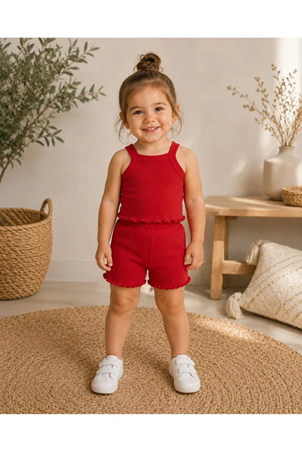 Baby Red Ribbed Crop Set Top-Bottom Summer Shorts Set