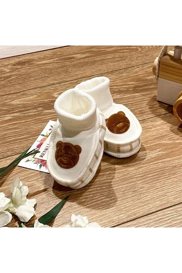 Combed Cotton Baby Booties Suede Bear Printed