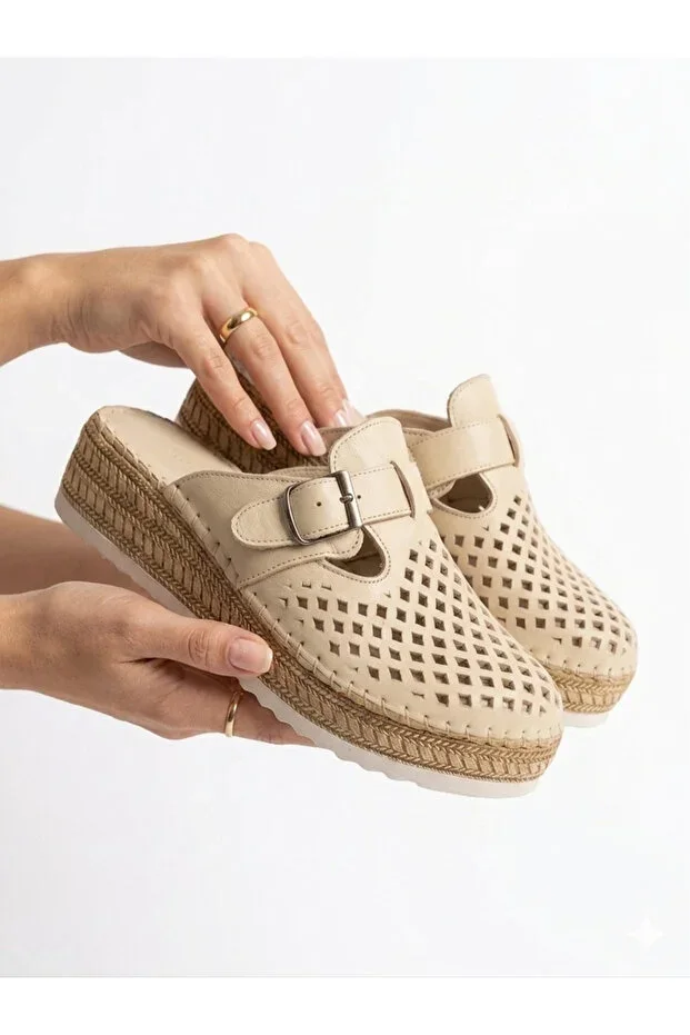 Genuine Leather Beige Orthopedic Sole Perforated Women's Slipper