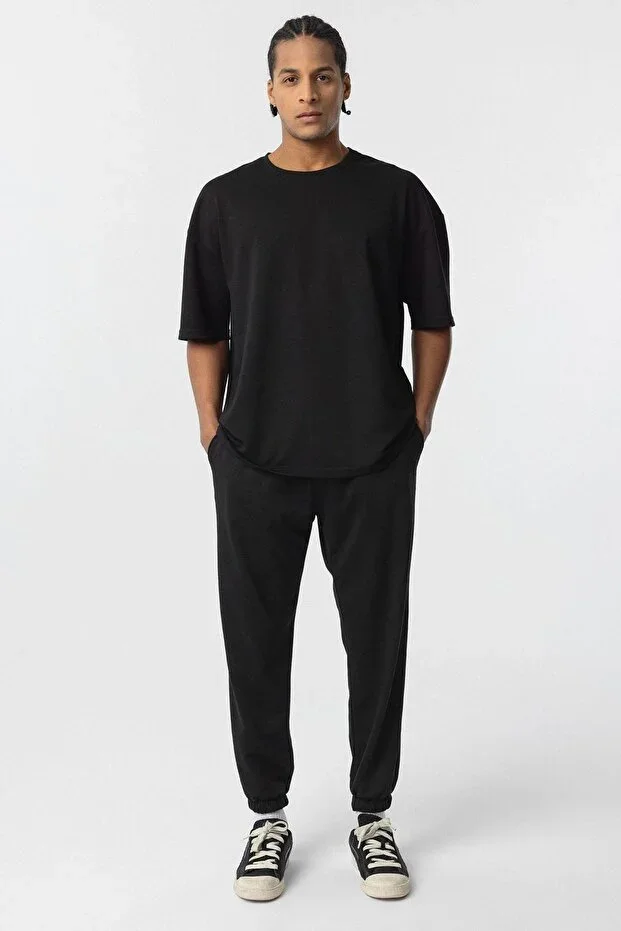 Basic Oversize Elasticated Hem Sweatpants Set Black