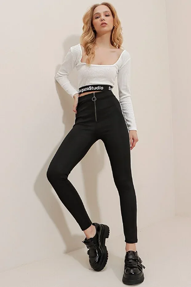Black Ring Zipper Detailed Side Stripe Matte Textured High Waist Tights ALC-X9636
