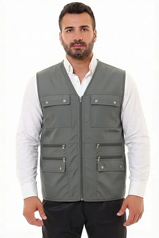 Tümrenkler Comfort Fit Summer Men's Cotton Linen Fabric Hunter Vest Multi-Pocket