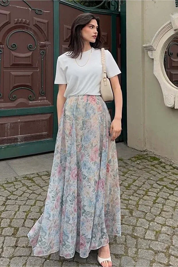 Madmext Ecru Floral Patterned Vintage Chiffon Maxi Skirt MG2776