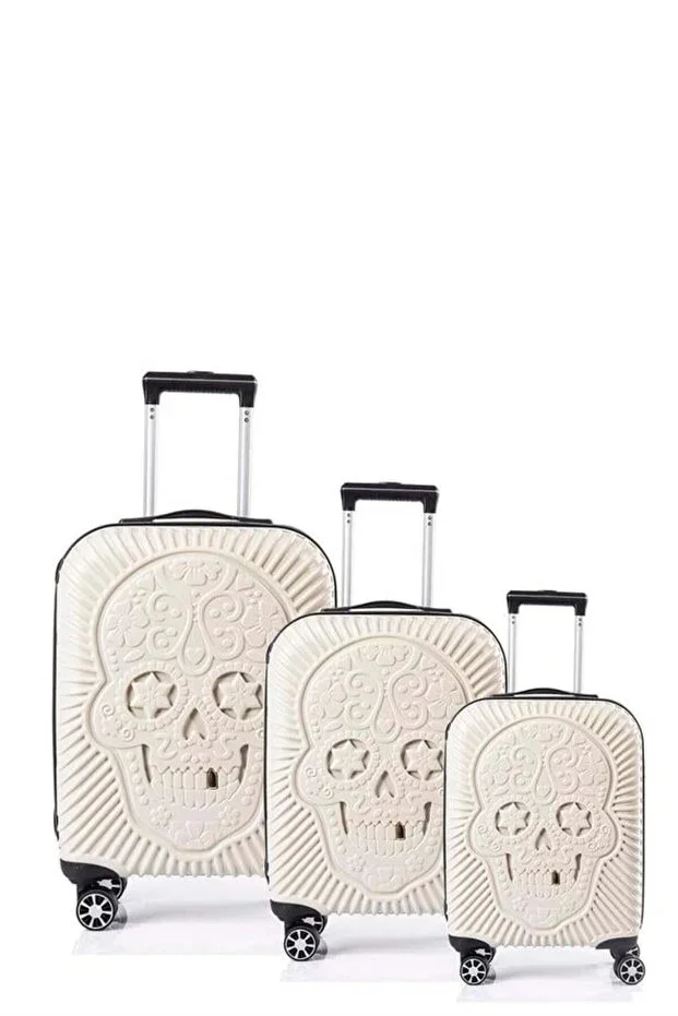 Skull Polycarbonate 3 Piece Suitcase Set - White