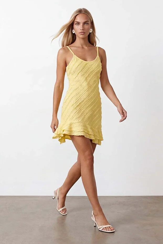 Yellow Strappy Ruffled Fabric Mini Beach Dress Alc-X15554