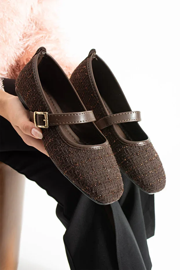 Brown Tweed Fabric Women's Ballet Flats Stylish Buckle Orthopedic Sole Casual Shoes