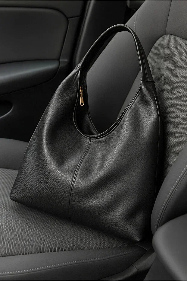 Women's Loose Soft Textured Large Black Shoulder and Tote Bag