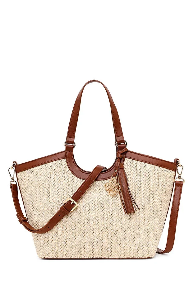 Women's Beige Long Strap Straw Shoulder Bag 26SBD2853M7