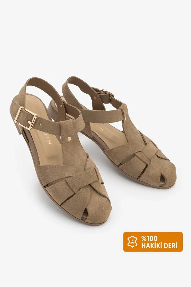 Women's Genuine Leather Ankle Strap Buckle Front Closed Olive Suede Casual Sandal Yenzar Earth Suede