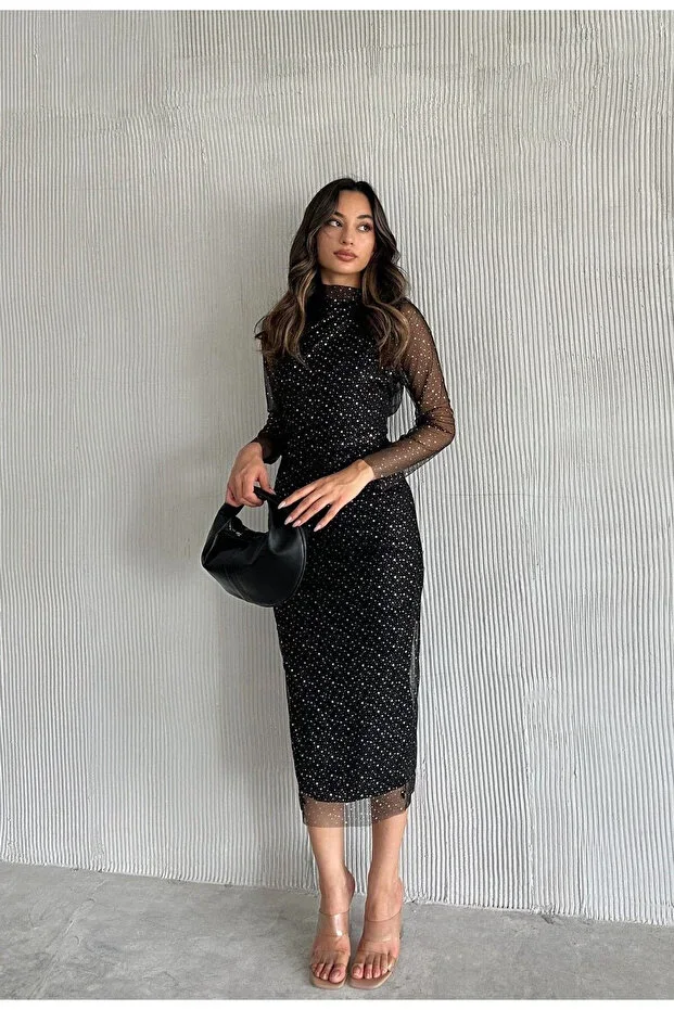Genel Markalar Women Black Mandarin Collar Silver Polka Dot Detail Transparent Tulle Sleeve Lined Draped Midi Evening Dress