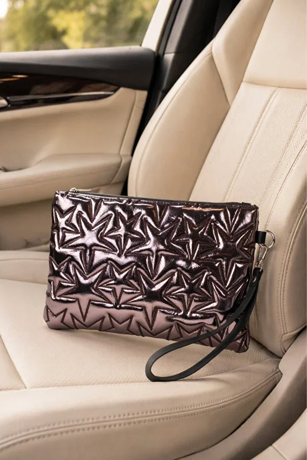 Star Embroidered Portfolio Handbag Wrist Strap Saten Lined Platinum Clutch Bag