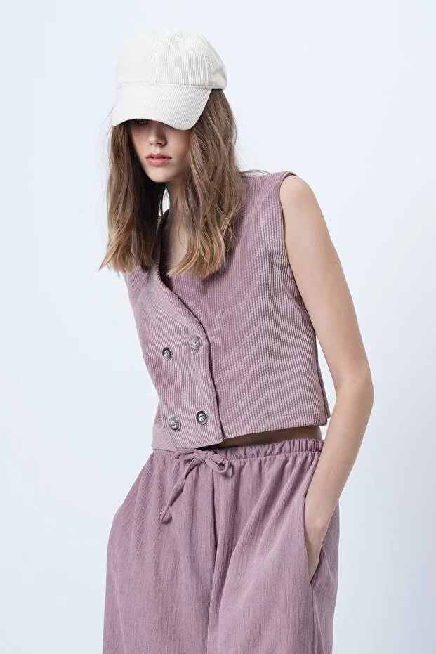 Women's Powder Pink Velvet Vest with Metal Buttons and Cross-Over Neckline ALC-X14568
