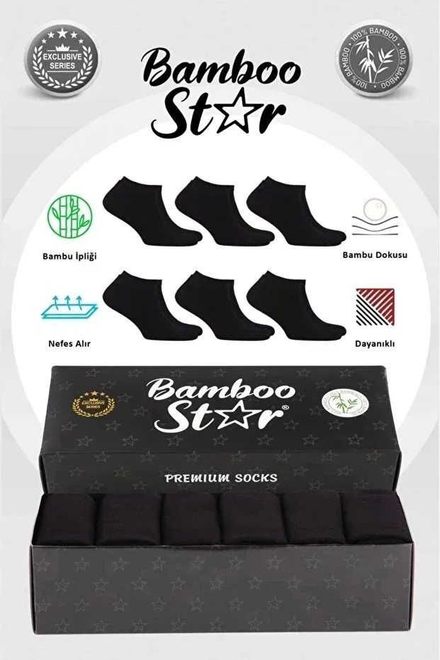 bamboo star Men's Socks Flat Black Seamless Premium Boxed 6's