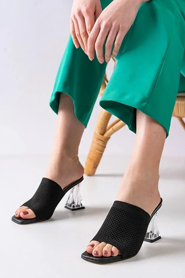 Women's Black Casual Comfortable Transparent Heeled Knit Chic Evening Slippers
