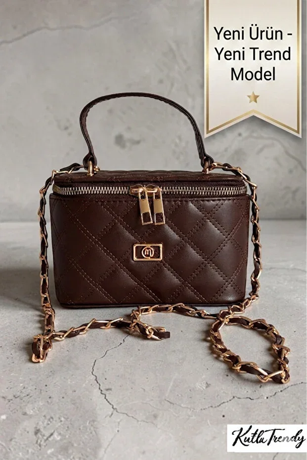 Women's Brown Mini Box Bag, Quilted Pattern Chain Strap Crossbody and Handbag