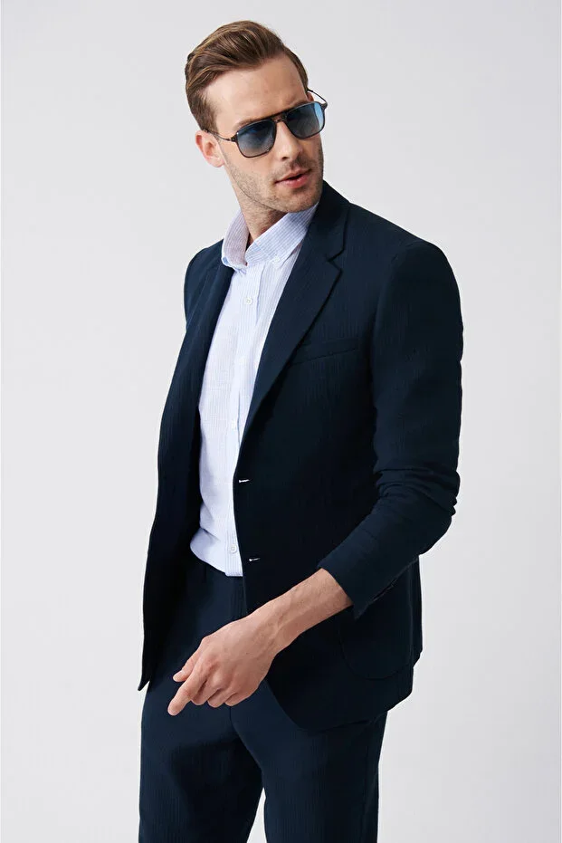 Men's Navy Blue Unlined Striped Waffle Double Vent Jacket A31Y4009