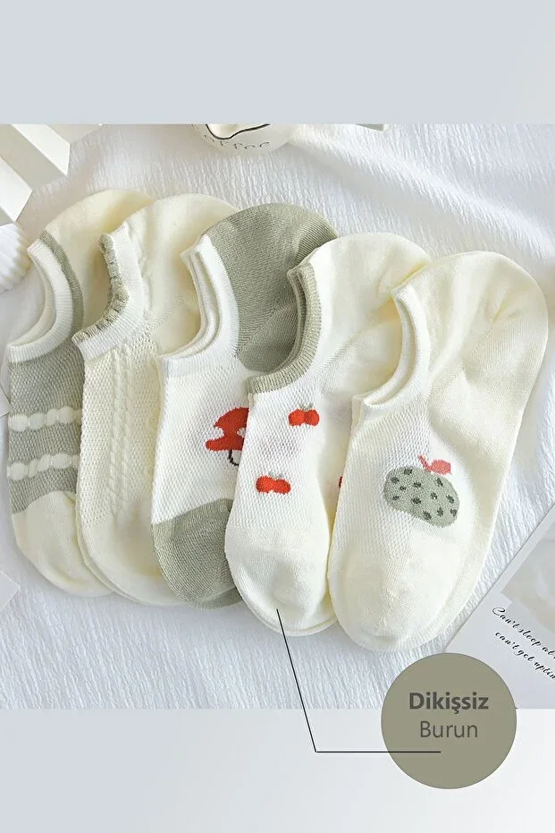 5 Pairs Women's Cherry-Apple Pattern Summer Socks