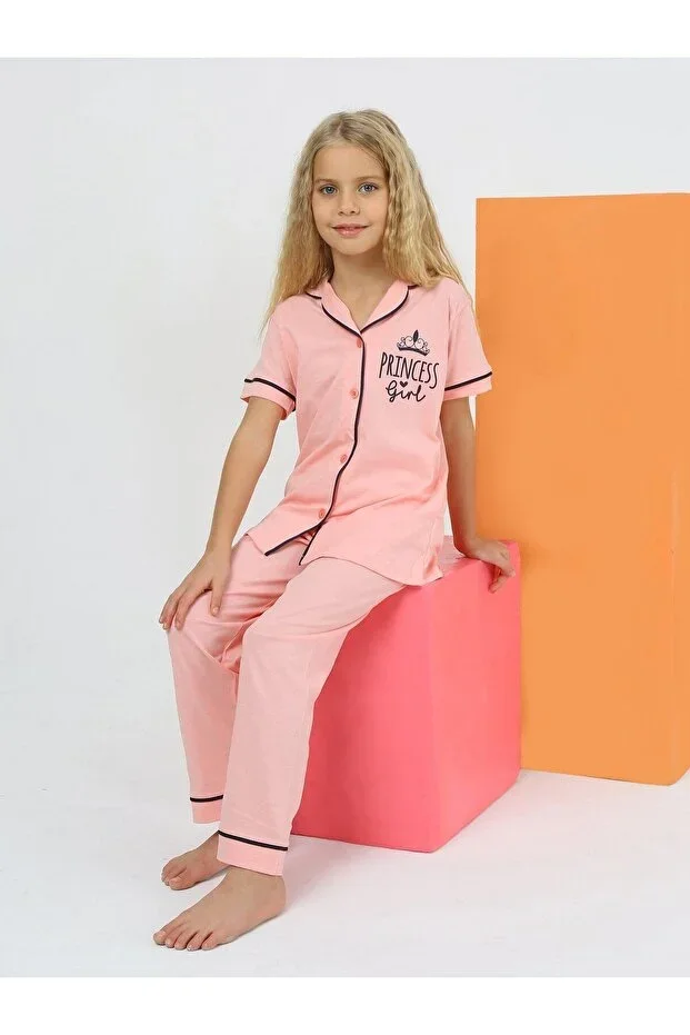 Girls' Short Sleeve 100% Cotton Buttoned Pajama Set Princess